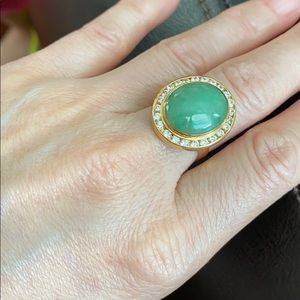 14K Solid Real Yellow Gold Oval CZ Jade Ring